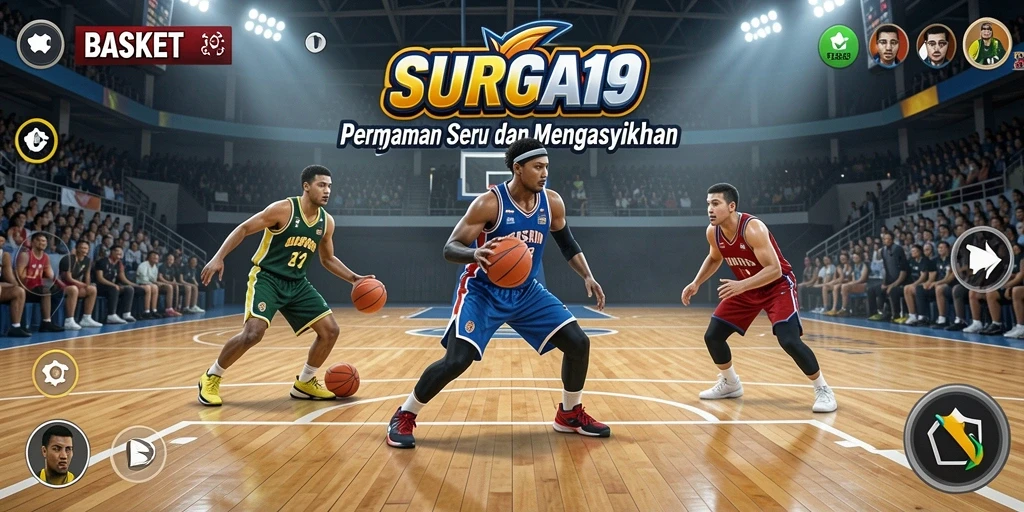 Tampilan antarmuka permainan basket yang dinamis dan interaktif.